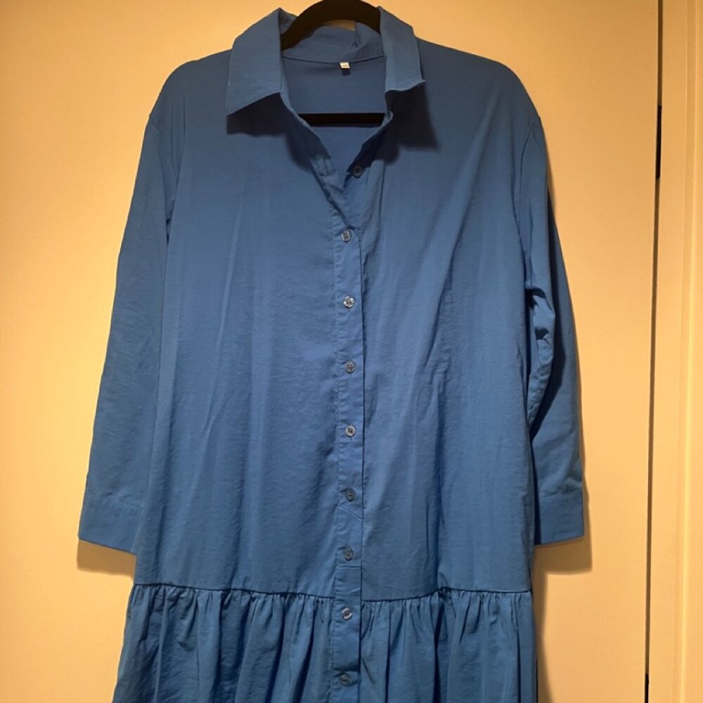 Button Down Shirt Dress with Drop waist and Ruffled Hem in Blue XS